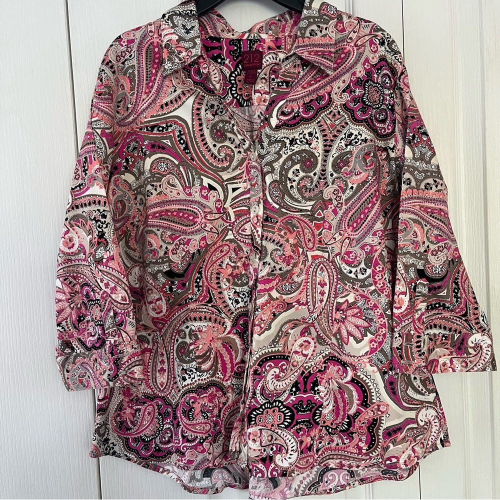 212 Collection Petite XL pink paisley 3/4 Sleeve Button Down Shirt, Stretch